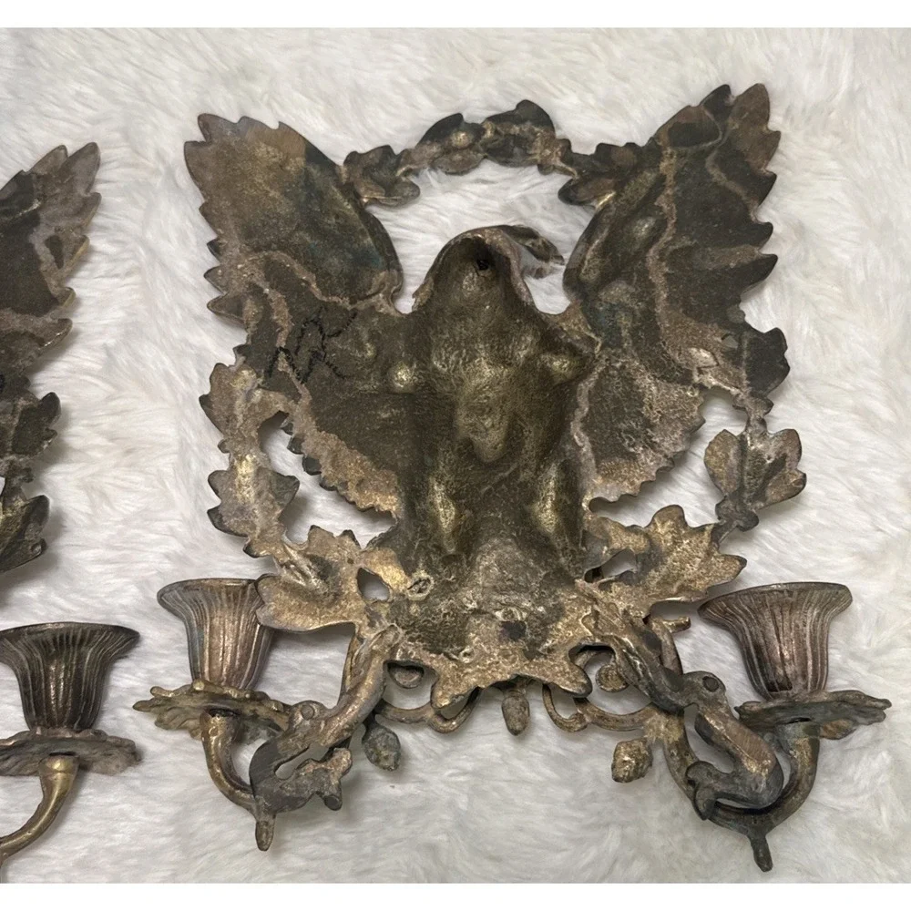 Vintage Brass Eagle Wall Scroll Sconce Candlestick Hollywood Regency Pair 2 MCM